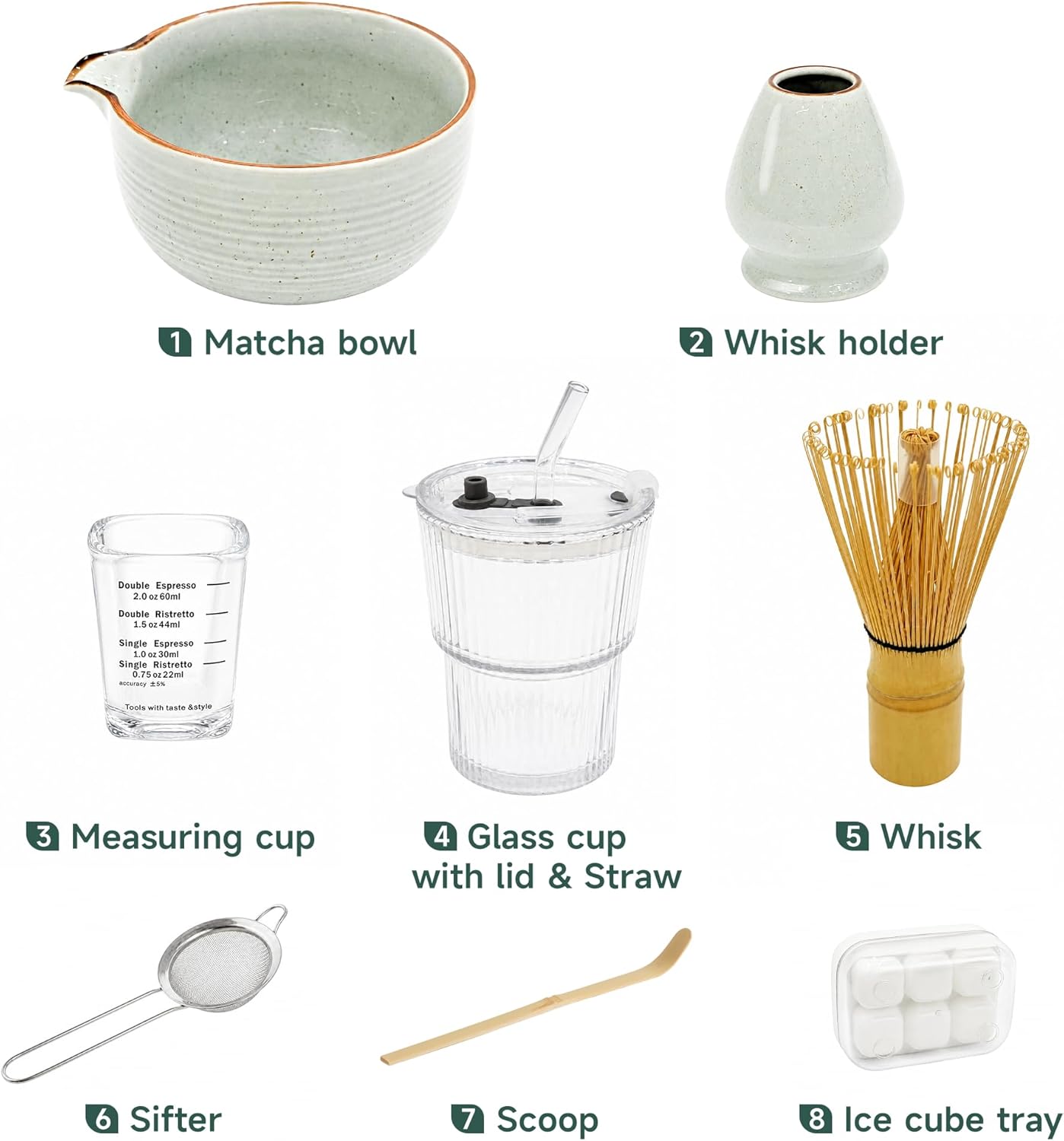 Matcha Whisk Set, Complete Matcha Kit with Bowl, Bamboo Whisk & Holder, Scoop, Sifter, Glass Cup with Lid & Straw, Ice Cube Tray – Matcha Gift Set for Matcha Lovers
