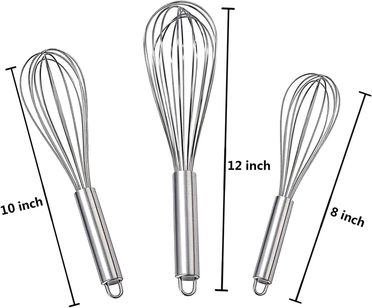 Stainless Steel Whisk, Whisk Set with Measuring Spoon and 8"+10"+12" Wire Whisk for Cooking Blending, Beating, Stirring, Baking (5 Pack Silver)