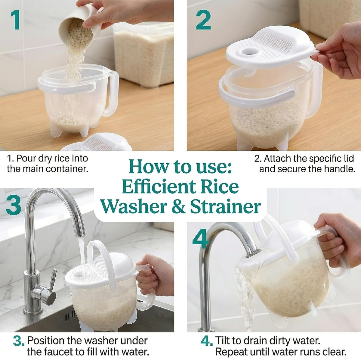14oz Rice Washer Strainer Bowl with Handle - Plastic Grain & Vegetable Washing Bowl, Perfect for Rice Washing Bowl Needs and Rice Rinser Strainer Use with Beans, Pasta & Fruits