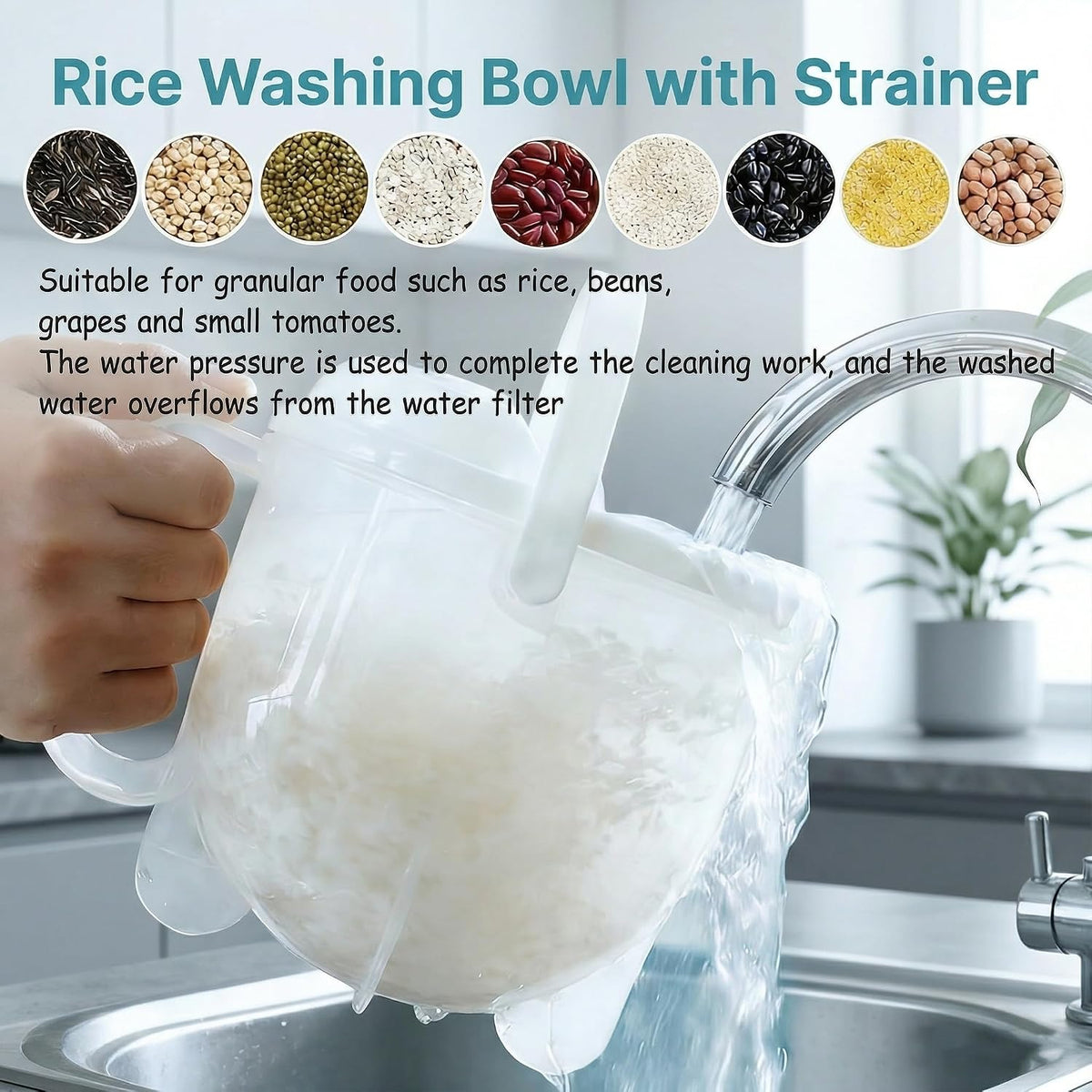 14oz Rice Washer Strainer Bowl with Handle - Plastic Grain & Vegetable Washing Bowl, Perfect for Rice Washing Bowl Needs and Rice Rinser Strainer Use with Beans, Pasta & Fruits
