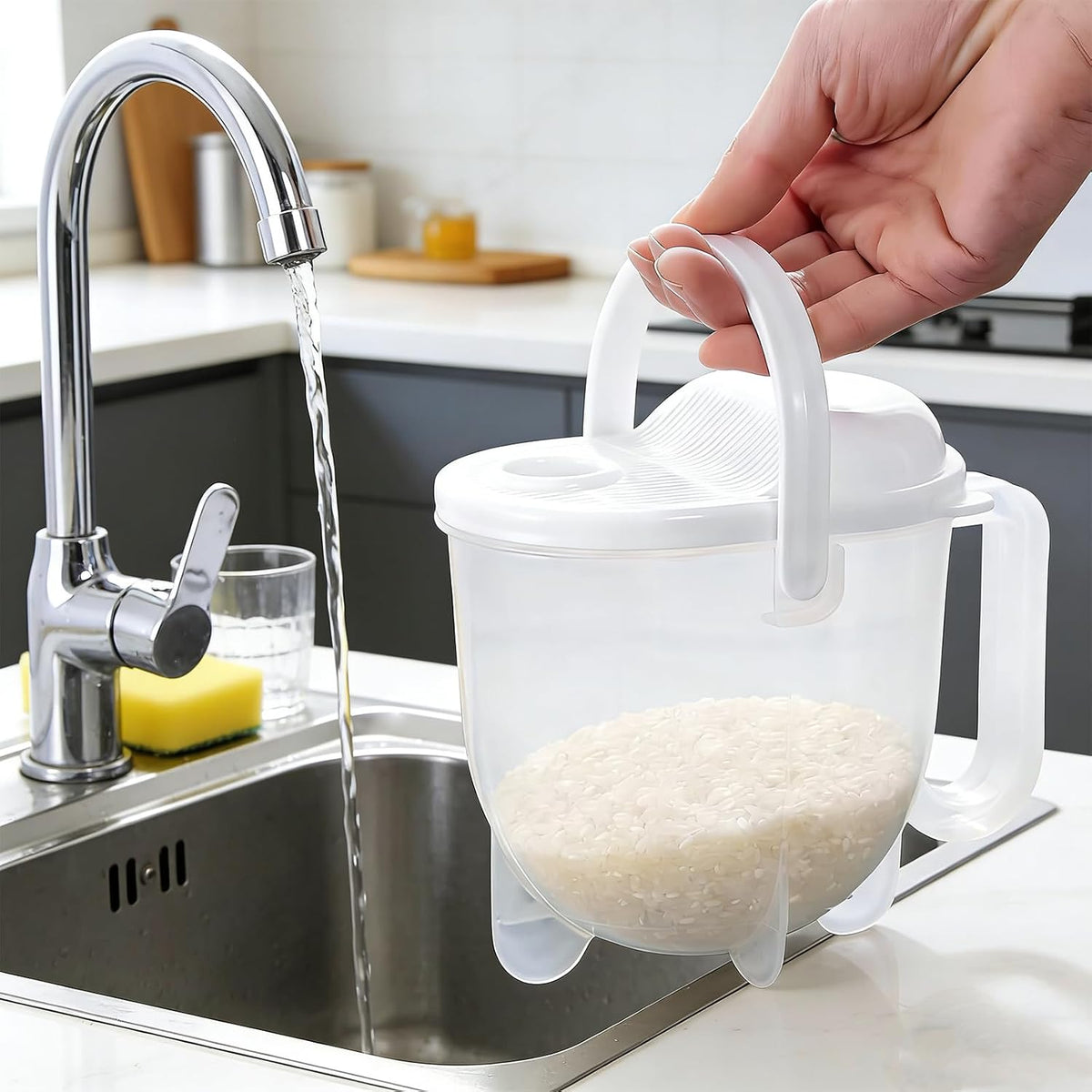 14oz Rice Washer Strainer Bowl with Handle - Plastic Grain & Vegetable Washing Bowl, Perfect for Rice Washing Bowl Needs and Rice Rinser Strainer Use with Beans, Pasta & Fruits