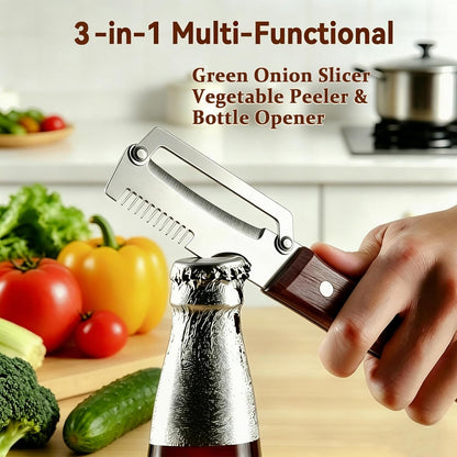 Multi-Functional Vegetable Peeler for Kitchen with Wooden Handle and Bottle Opener, 3 in 1 Stainless Steel Green Onion Slicer Kitchen Tool for Fruit Potato Pumpkin Apple carrot Papaya, Non-Slip Handle
