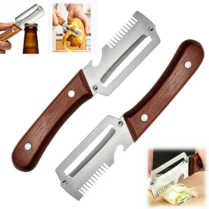 Multi-Functional Vegetable Peeler for Kitchen with Wooden Handle and Bottle Opener, 3 in 1 Stainless Steel Green Onion Slicer Kitchen Tool for Fruit Potato Pumpkin Apple carrot Papaya, Non-Slip Handle