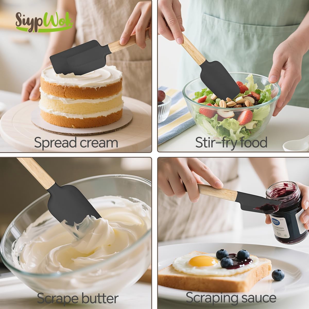 Silicone Spatula Set, Food Grade Rubber Spatula-4 Piece Nonstick Rubber Spatulas, Spoonula, Jar Scraper for Cooking, Baking, Mixing, Frosting - Heat Resistant Up to 600°F (4 Pcs Spatula Off-White)