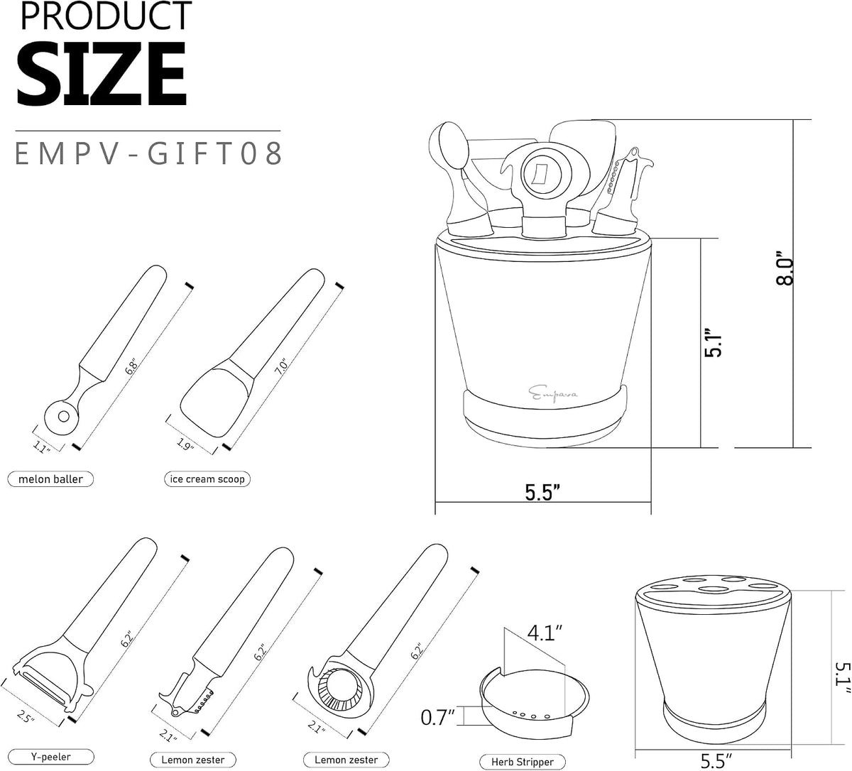 Kitchen Utensils Tools Set With Handle, Crock Sets With 5 Pcs Kitchen Utensil With Herb Cutter,Melon Baller, Ice Cream Scoop, Y-Peeler, Lemon Zester, Bottle Opener EMPV-GIFT08