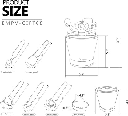 Kitchen Utensils Tools Set With Handle, Crock Sets With 5 Pcs Kitchen Utensil With Herb Cutter,Melon Baller, Ice Cream Scoop, Y-Peeler, Lemon Zester, Bottle Opener EMPV-GIFT08