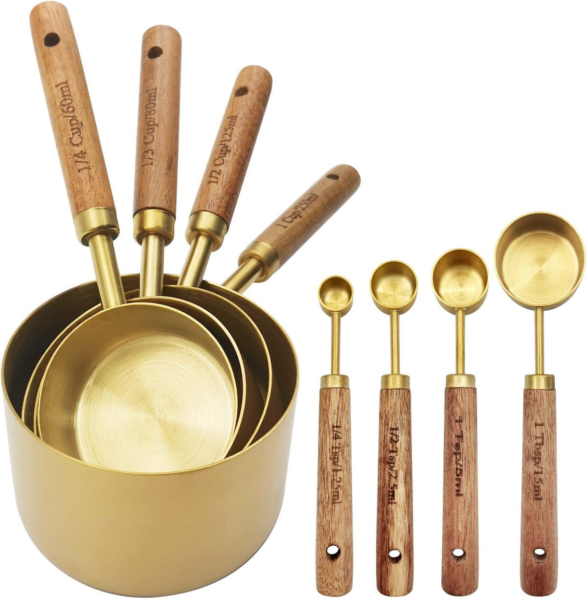 Gold Measuring Cups and Spoons Set with Fragrant Wood Handle, Measuring Cups, Metal Measuring Spoons and Measuring Cup Set for Cooking & Baking, Set of 8 pcs