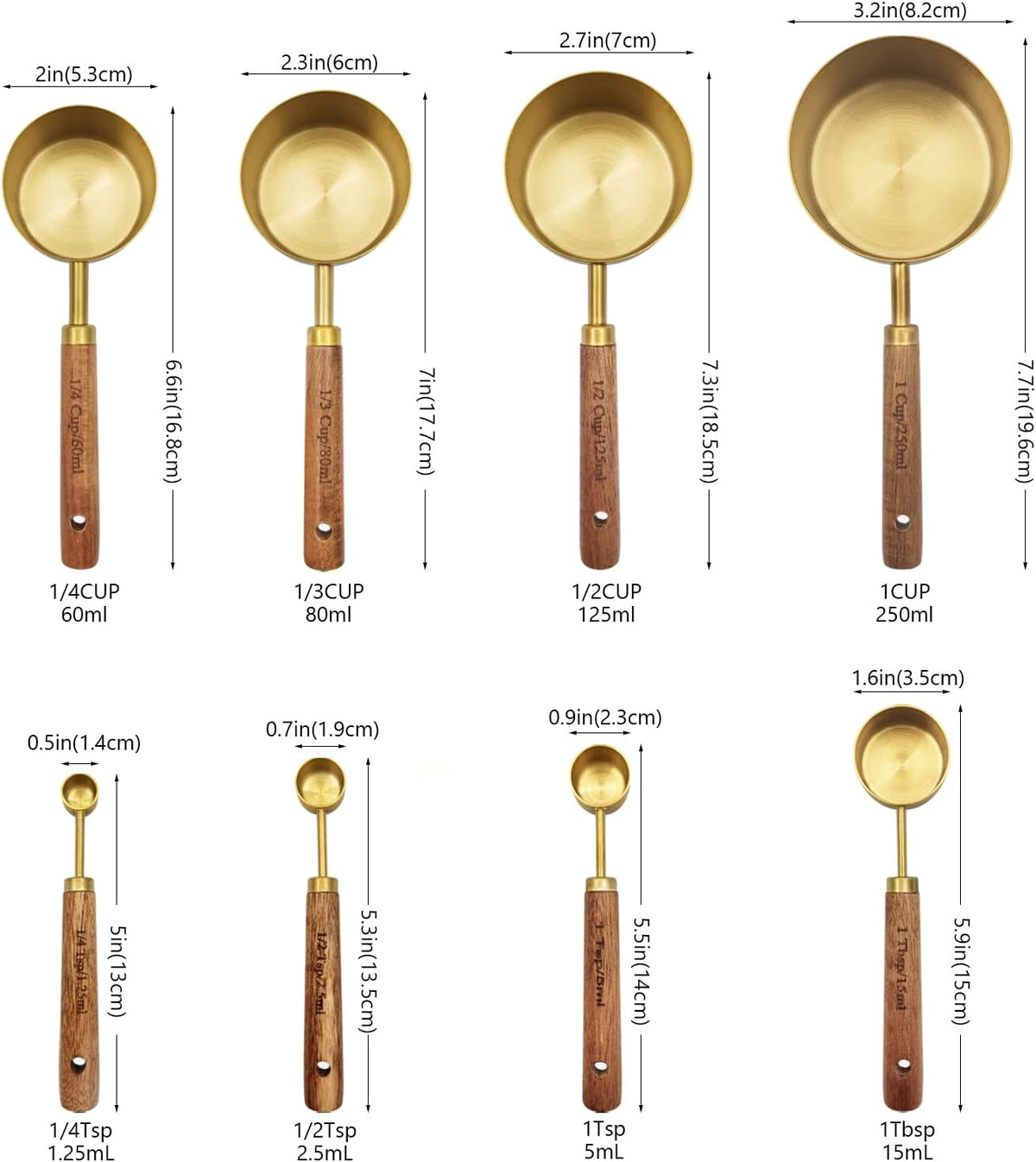 Gold Measuring Cups and Spoons Set with Fragrant Wood Handle, Measuring Cups, Metal Measuring Spoons and Measuring Cup Set for Cooking & Baking, Set of 8 pcs