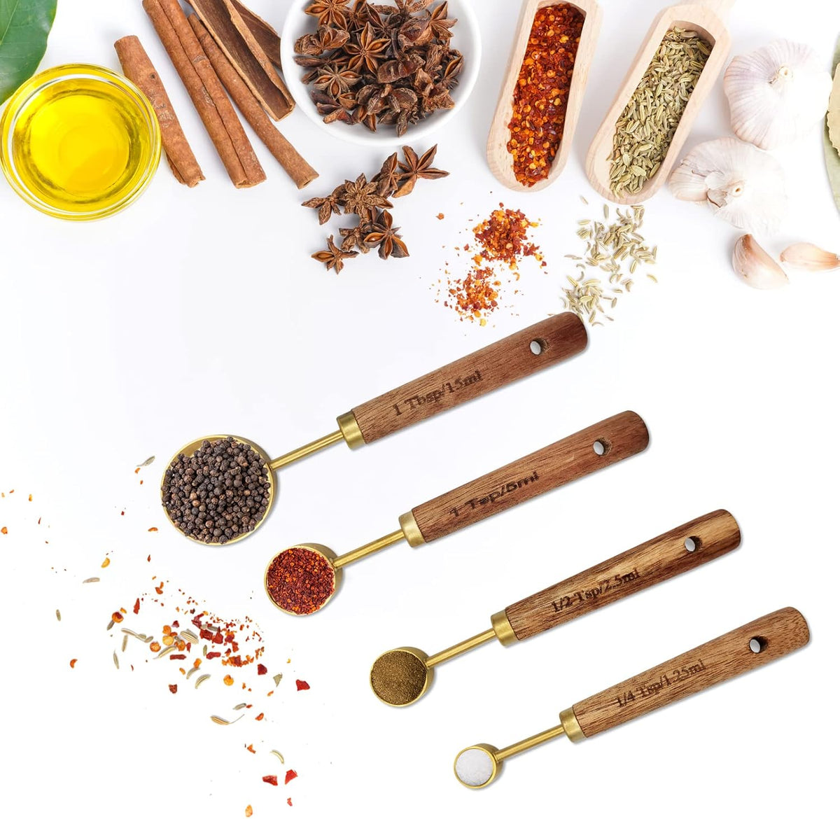 Gold Measuring Cups and Spoons Set with Fragrant Wood Handle, Measuring Cups, Metal Measuring Spoons and Measuring Cup Set for Cooking & Baking, Set of 8 pcs