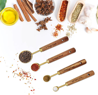 Gold Measuring Cups and Spoons Set with Fragrant Wood Handle, Measuring Cups, Metal Measuring Spoons and Measuring Cup Set for Cooking & Baking, Set of 8 pcs
