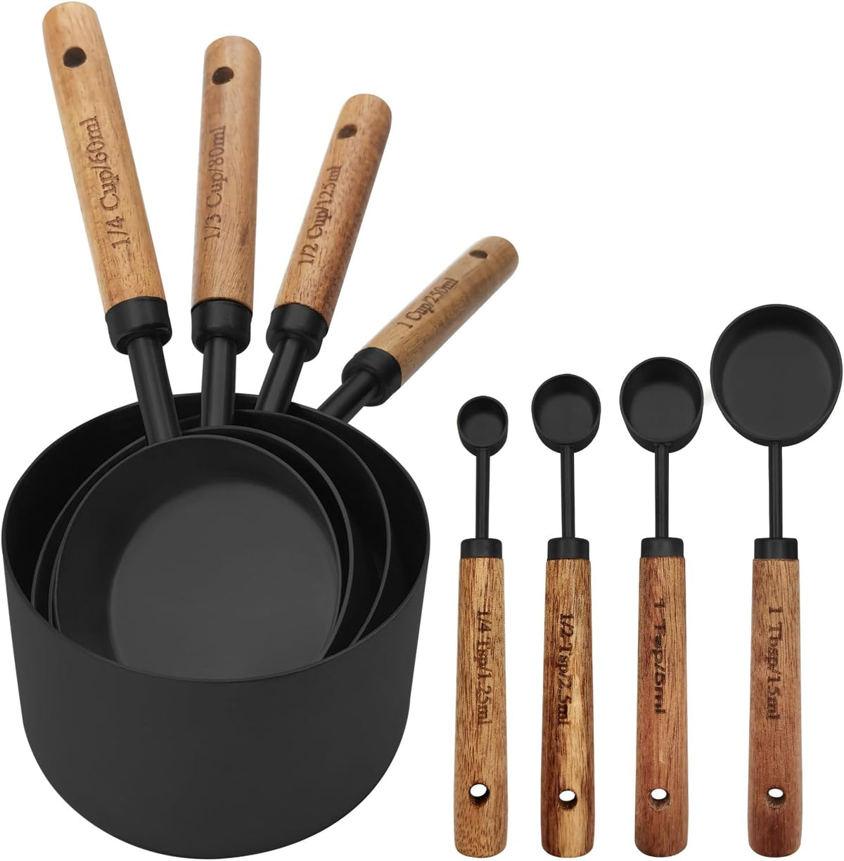 Gold Measuring Cups and Spoons Set with Fragrant Wood Handle, Measuring Cups, Metal Measuring Spoons and Measuring Cup Set for Cooking & Baking, Set of 8 pcs