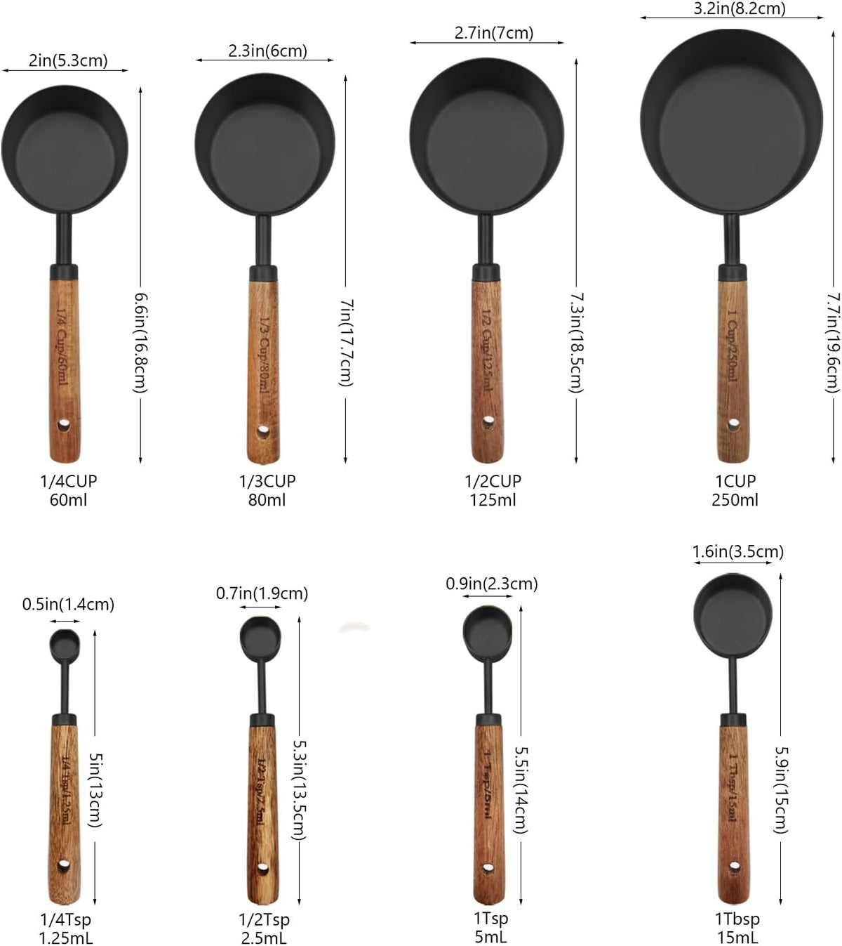 Gold Measuring Cups and Spoons Set with Fragrant Wood Handle, Measuring Cups, Metal Measuring Spoons and Measuring Cup Set for Cooking & Baking, Set of 8 pcs