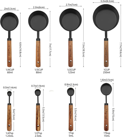 Gold Measuring Cups and Spoons Set with Fragrant Wood Handle, Measuring Cups, Metal Measuring Spoons and Measuring Cup Set for Cooking & Baking, Set of 8 pcs