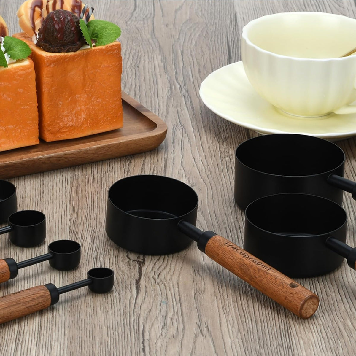 Gold Measuring Cups and Spoons Set with Fragrant Wood Handle, Measuring Cups, Metal Measuring Spoons and Measuring Cup Set for Cooking & Baking, Set of 8 pcs