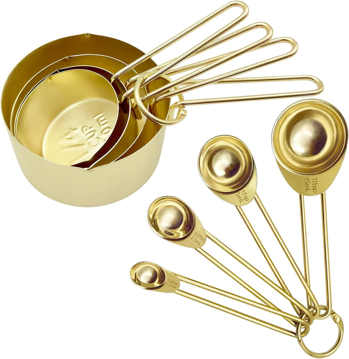 Gold Measuring Cups and Spoons Set with Fragrant Wood Handle, Measuring Cups, Metal Measuring Spoons and Measuring Cup Set for Cooking & Baking, Set of 8 pcs