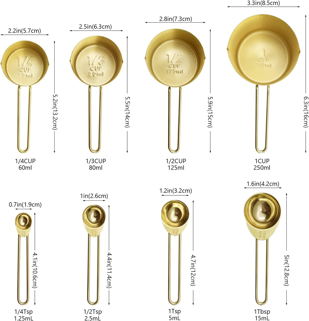 Gold Measuring Cups and Spoons Set with Fragrant Wood Handle, Measuring Cups, Metal Measuring Spoons and Measuring Cup Set for Cooking & Baking, Set of 8 pcs