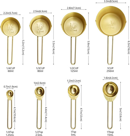 Gold Measuring Cups and Spoons Set with Fragrant Wood Handle, Measuring Cups, Metal Measuring Spoons and Measuring Cup Set for Cooking & Baking, Set of 8 pcs