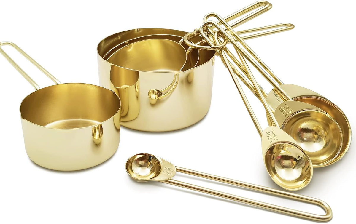 Gold Measuring Cups and Spoons Set with Fragrant Wood Handle, Measuring Cups, Metal Measuring Spoons and Measuring Cup Set for Cooking & Baking, Set of 8 pcs