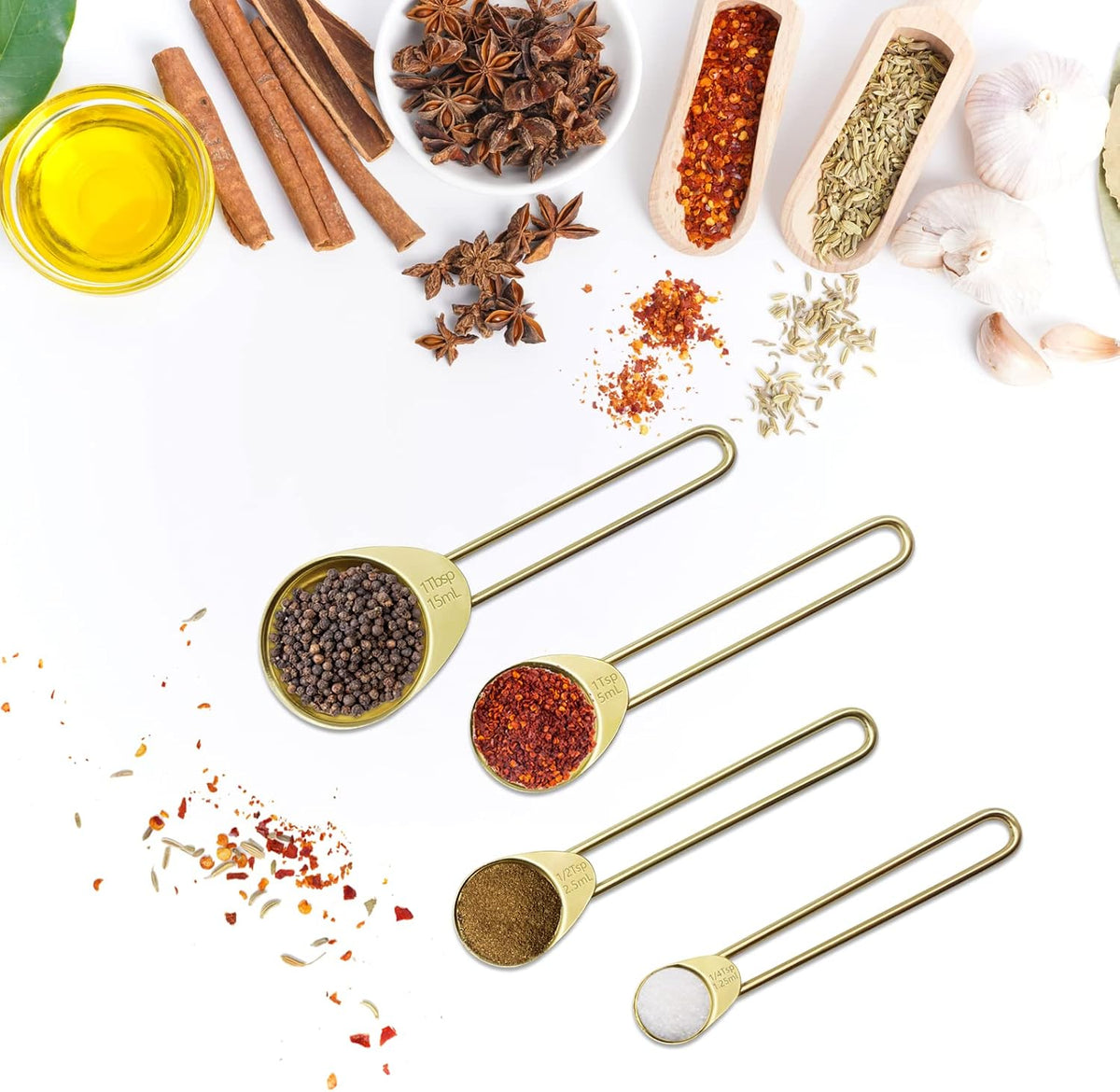 Gold Measuring Cups and Spoons Set with Fragrant Wood Handle, Measuring Cups, Metal Measuring Spoons and Measuring Cup Set for Cooking & Baking, Set of 8 pcs