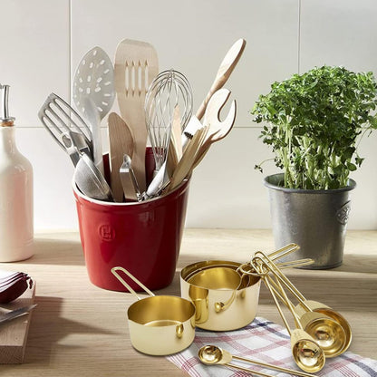 Gold Measuring Cups and Spoons Set with Fragrant Wood Handle, Measuring Cups, Metal Measuring Spoons and Measuring Cup Set for Cooking & Baking, Set of 8 pcs