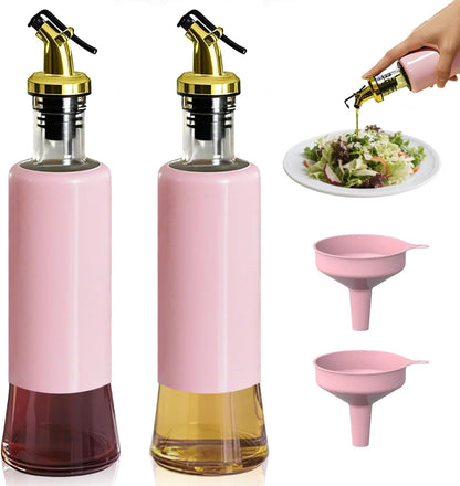 Olive Oil Dispenser Bottle for Kitchen Set of 2, Golden Non-Drip & Leakproof Spout, One-handed Hold, With Pink Funnel for Easy Filling, 10OZ/300ML(PINK)