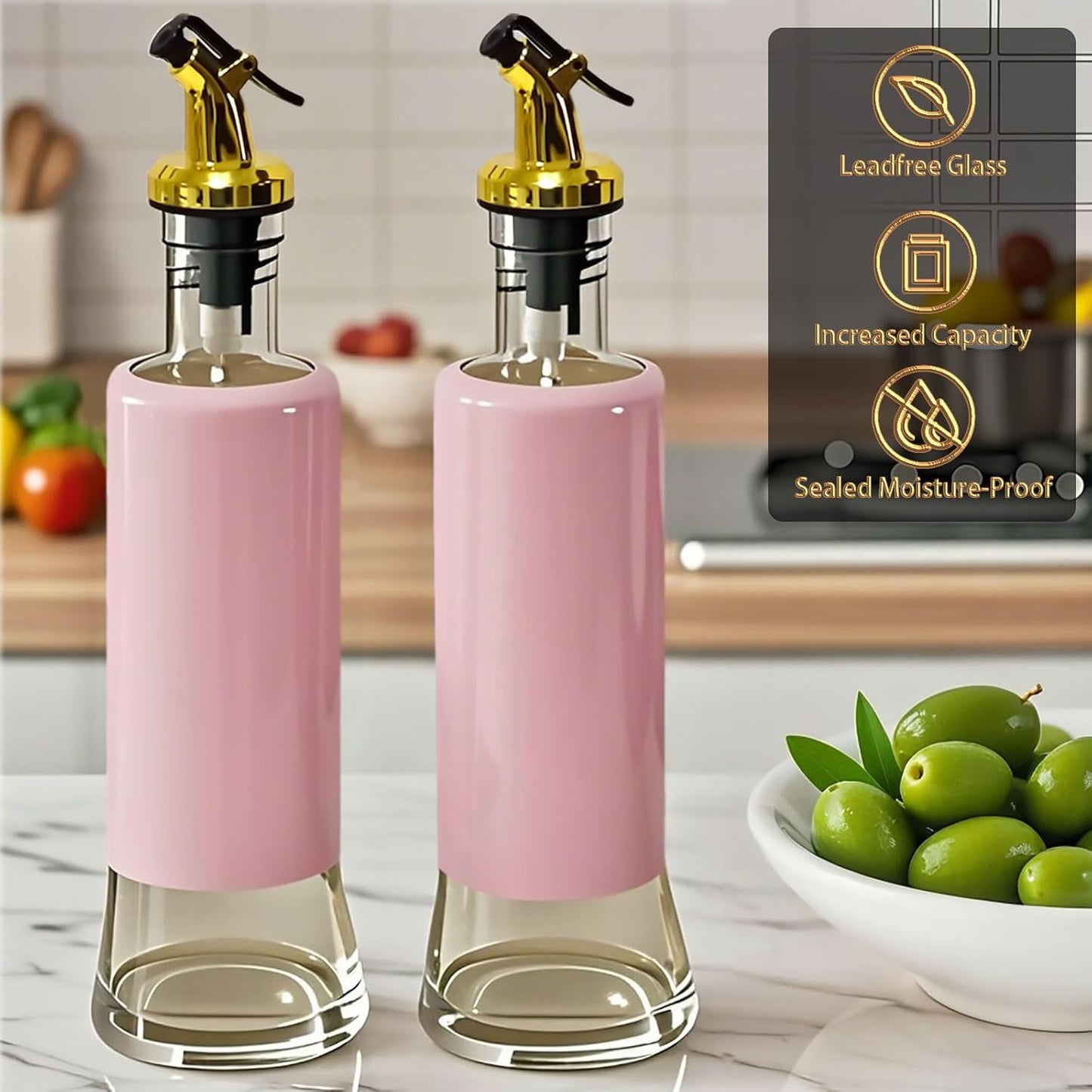 Olive Oil Dispenser Bottle for Kitchen Set of 2, Golden Non-Drip & Leakproof Spout, One-handed Hold, With Pink Funnel for Easy Filling, 10OZ/300ML(PINK)