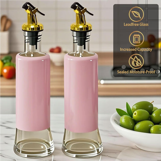 Olive Oil Dispenser Bottle for Kitchen Set of 2, Golden Non-Drip & Leakproof Spout, One-handed Hold, With Pink Funnel for Easy Filling, 10OZ/300ML(PINK)