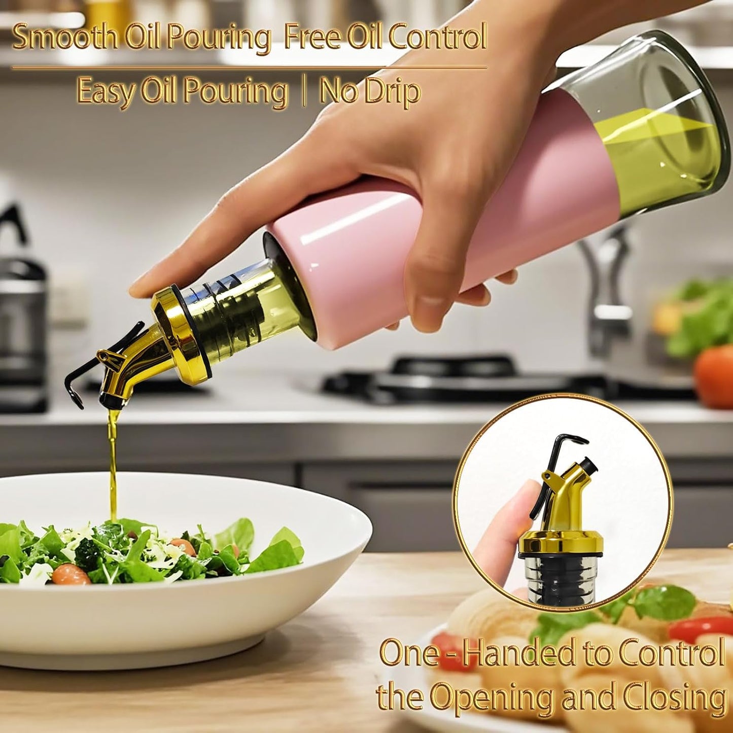 Olive Oil Dispenser Bottle for Kitchen Set of 2, Golden Non-Drip & Leakproof Spout, One-handed Hold, With Pink Funnel for Easy Filling, 10OZ/300ML(PINK)