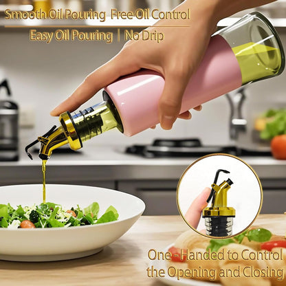 Olive Oil Dispenser Bottle for Kitchen Set of 2, Golden Non-Drip & Leakproof Spout, One-handed Hold, With Pink Funnel for Easy Filling, 10OZ/300ML(PINK)
