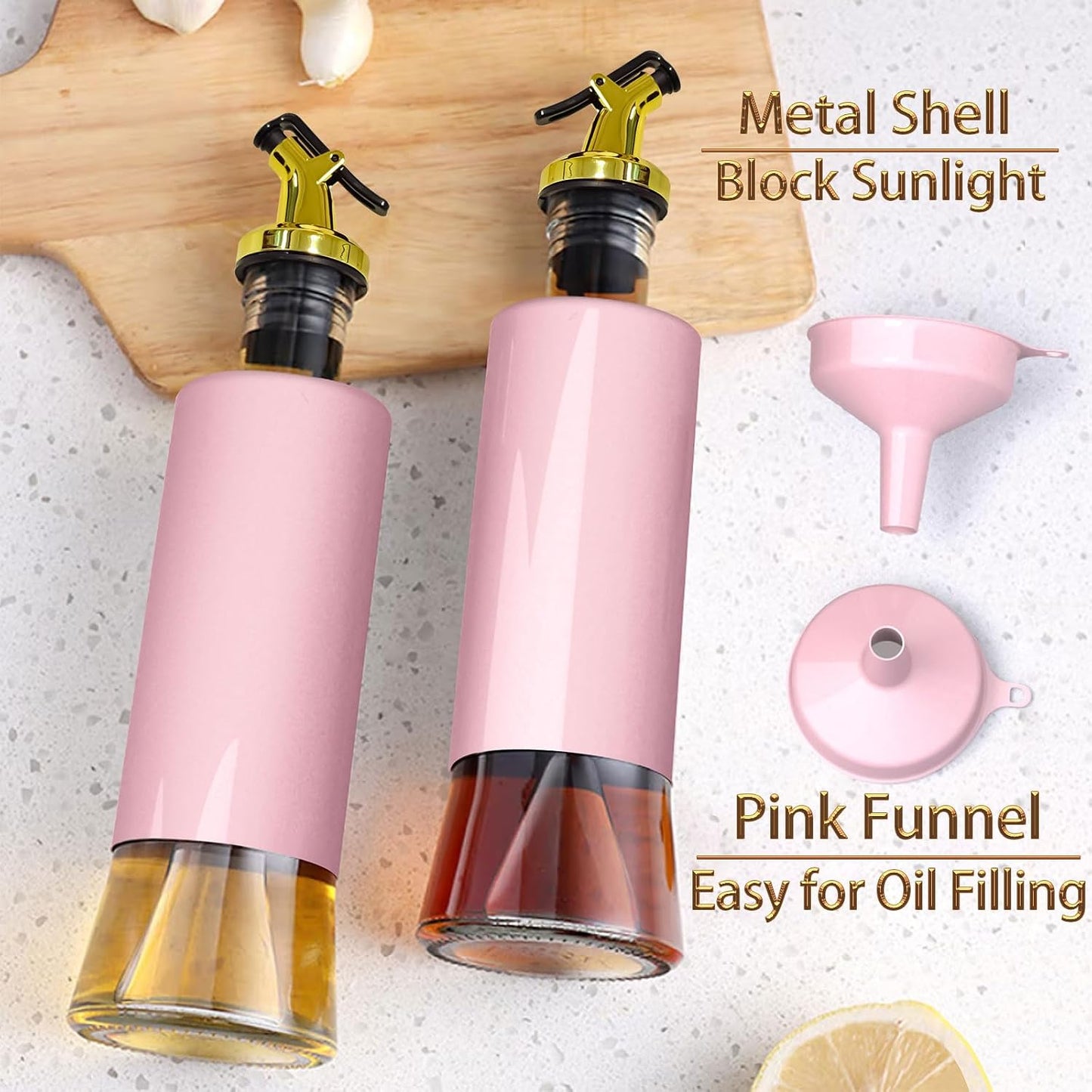Olive Oil Dispenser Bottle for Kitchen Set of 2, Golden Non-Drip & Leakproof Spout, One-handed Hold, With Pink Funnel for Easy Filling, 10OZ/300ML(PINK)