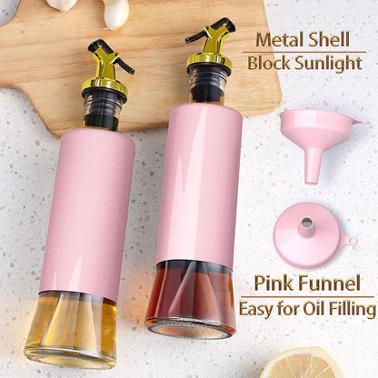 Olive Oil Dispenser Bottle for Kitchen Set of 2, Golden Non-Drip & Leakproof Spout, One-handed Hold, With Pink Funnel for Easy Filling, 10OZ/300ML(PINK)