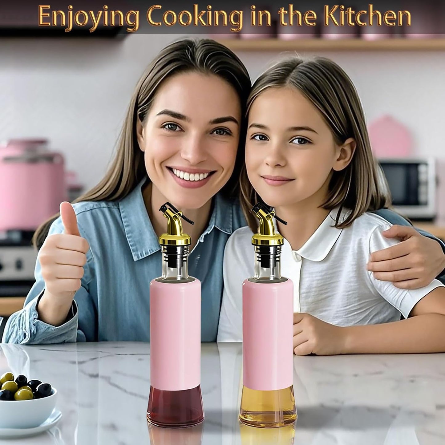 Olive Oil Dispenser Bottle for Kitchen Set of 2, Golden Non-Drip & Leakproof Spout, One-handed Hold, With Pink Funnel for Easy Filling, 10OZ/300ML(PINK)