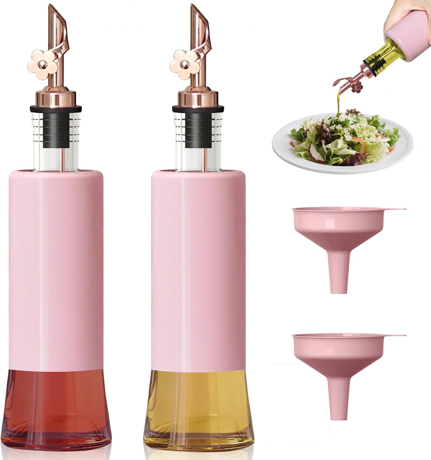 Olive Oil Dispenser Bottle for Kitchen Set of 2, Golden Non-Drip & Leakproof Spout, One-handed Hold, With Pink Funnel for Easy Filling, 10OZ/300ML(PINK)