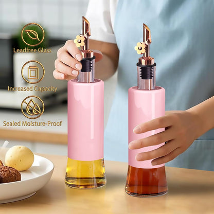 Olive Oil Dispenser Bottle for Kitchen Set of 2, Golden Non-Drip & Leakproof Spout, One-handed Hold, With Pink Funnel for Easy Filling, 10OZ/300ML(PINK)