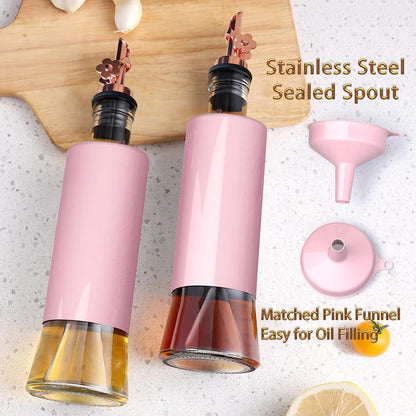 Olive Oil Dispenser Bottle for Kitchen Set of 2, Golden Non-Drip & Leakproof Spout, One-handed Hold, With Pink Funnel for Easy Filling, 10OZ/300ML(PINK)