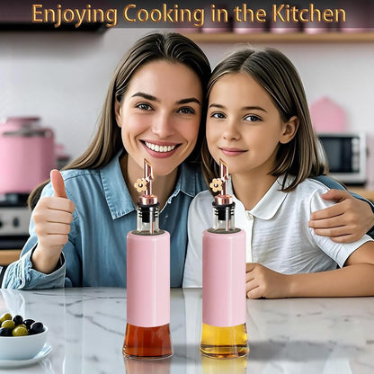 Olive Oil Dispenser Bottle for Kitchen Set of 2, Golden Non-Drip & Leakproof Spout, One-handed Hold, With Pink Funnel for Easy Filling, 10OZ/300ML(PINK)