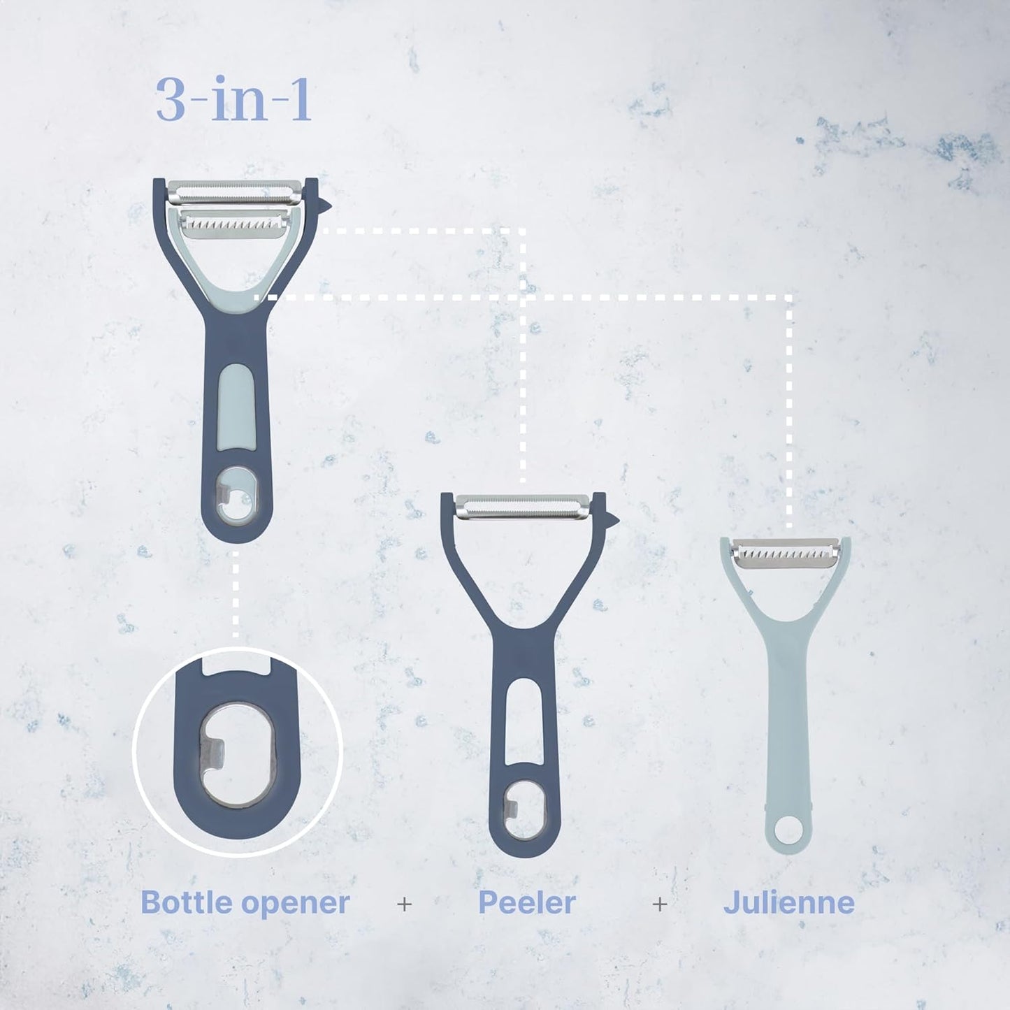 Vegetable Peeler 2-Piece Set – Swivel Cutter and Julienne Peeler with Bottle Opener and Built-in Eye Remover – Stainless Steel Blade with Comfortable Handle – Kitchen Tools & Accessories – Blue