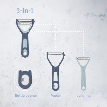 Vegetable Peeler 2-Piece Set – Swivel Cutter and Julienne Peeler with Bottle Opener and Built-in Eye Remover – Stainless Steel Blade with Comfortable Handle – Kitchen Tools & Accessories – Blue