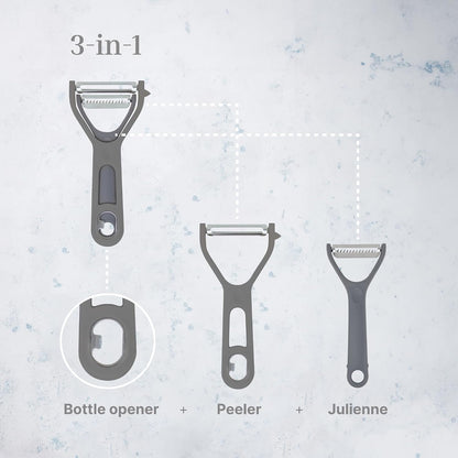 Vegetable Peeler 2-Piece Set – Swivel Cutter and Julienne Peeler with Bottle Opener and Built-in Eye Remover – Stainless Steel Blade with Comfortable Handle – Kitchen Tools & Accessories – Blue