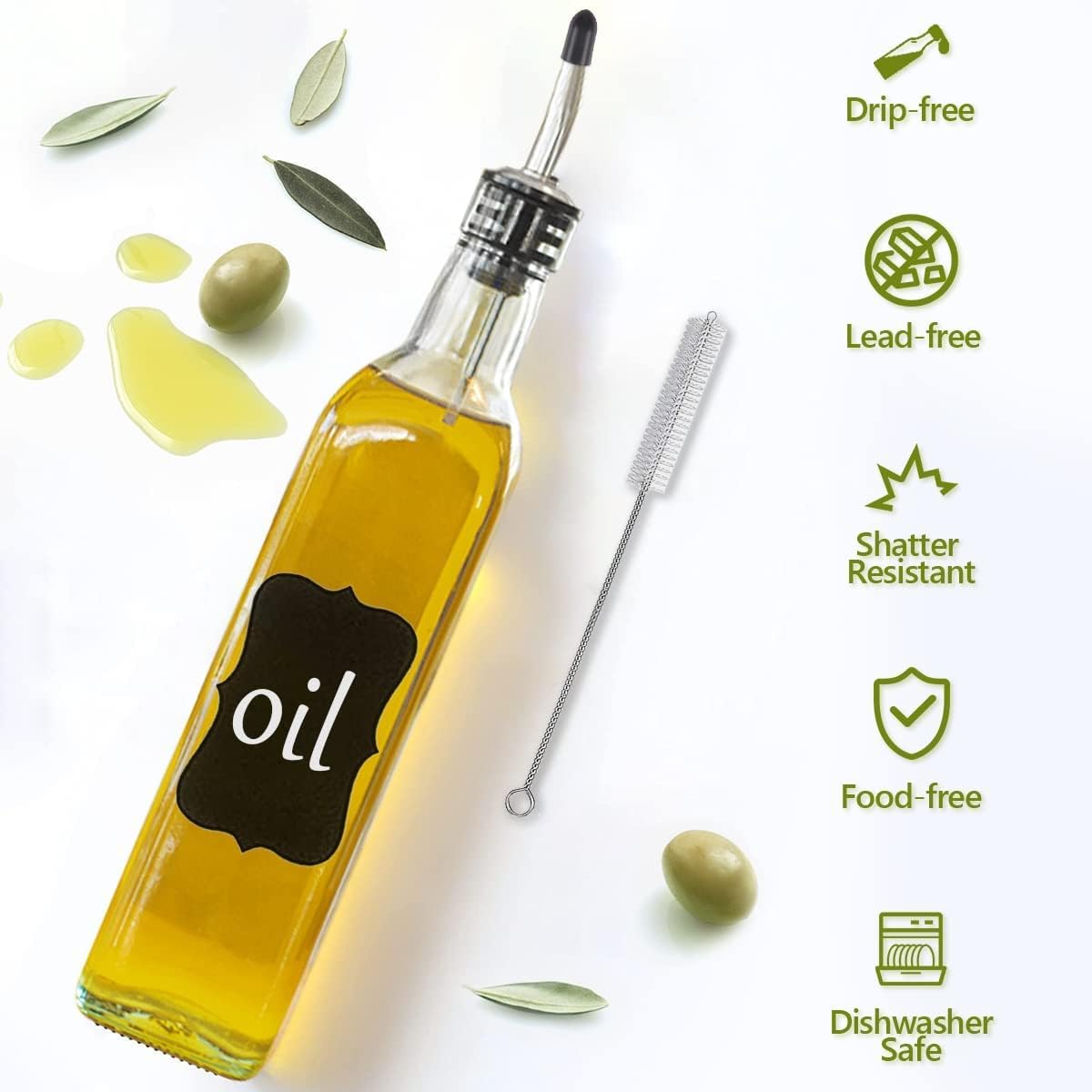 Showvigor Olive Oil Dispenser, 17oz/500ml Square Tall Glass Container With 2 Stainless Steel Pourers, 2 Labels, 1 Brush and 1 Funnel for Kitchen