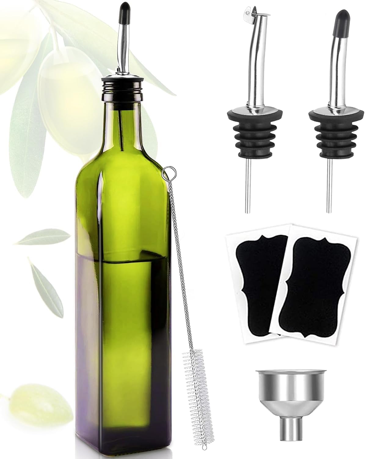 Showvigor Olive Oil Dispenser, 17oz/500ml Square Tall Glass Container With 2 Stainless Steel Pourers, 2 Labels, 1 Brush and 1 Funnel for Kitchen