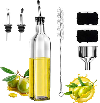 Showvigor Olive Oil Dispenser, 17oz/500ml Square Tall Glass Container With 2 Stainless Steel Pourers, 2 Labels, 1 Brush and 1 Funnel for Kitchen