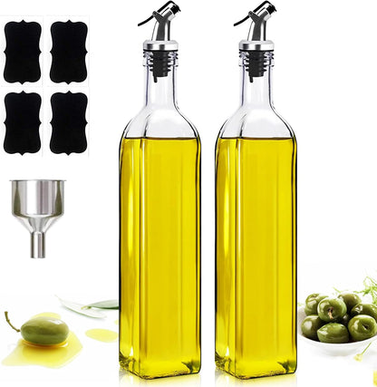 Showvigor Olive Oil Dispenser, 17oz/500ml Square Tall Glass Container With 2 Stainless Steel Pourers, 2 Labels, 1 Brush and 1 Funnel for Kitchen