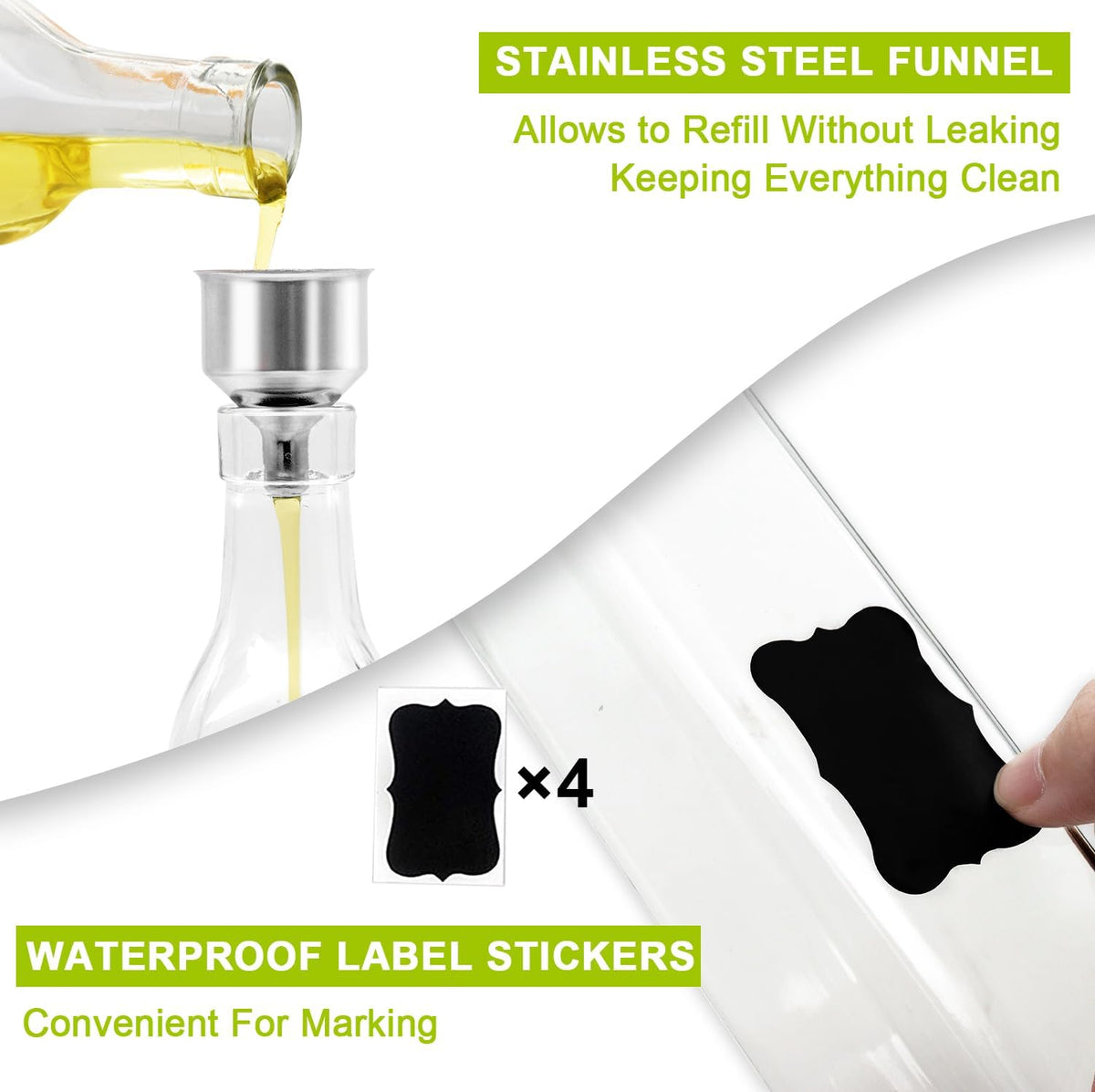 Showvigor Olive Oil Dispenser, 17oz/500ml Square Tall Glass Container With 2 Stainless Steel Pourers, 2 Labels, 1 Brush and 1 Funnel for Kitchen