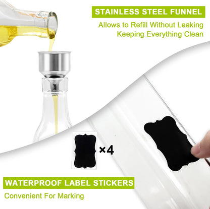 Showvigor Olive Oil Dispenser, 17oz/500ml Square Tall Glass Container With 2 Stainless Steel Pourers, 2 Labels, 1 Brush and 1 Funnel for Kitchen
