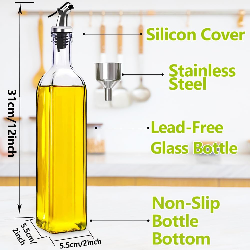 Showvigor Olive Oil Dispenser, 17oz/500ml Square Tall Glass Container With 2 Stainless Steel Pourers, 2 Labels, 1 Brush and 1 Funnel for Kitchen