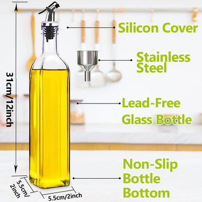 Showvigor Olive Oil Dispenser, 17oz/500ml Square Tall Glass Container With 2 Stainless Steel Pourers, 2 Labels, 1 Brush and 1 Funnel for Kitchen
