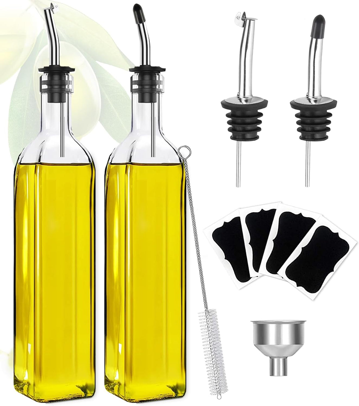 Showvigor Olive Oil Dispenser, 17oz/500ml Square Tall Glass Container With 2 Stainless Steel Pourers, 2 Labels, 1 Brush and 1 Funnel for Kitchen