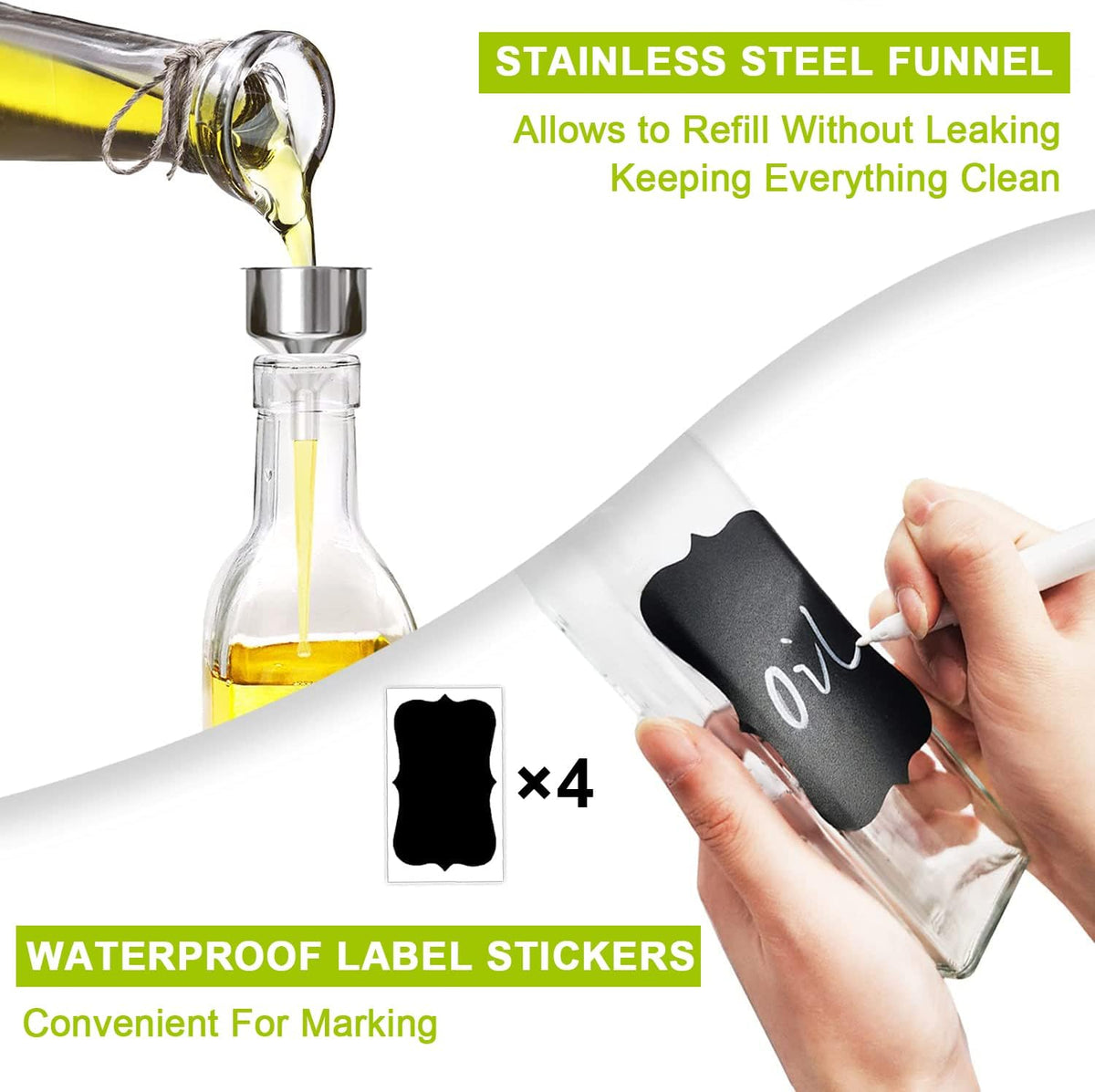 Showvigor Olive Oil Dispenser, 17oz/500ml Square Tall Glass Container With 2 Stainless Steel Pourers, 2 Labels, 1 Brush and 1 Funnel for Kitchen