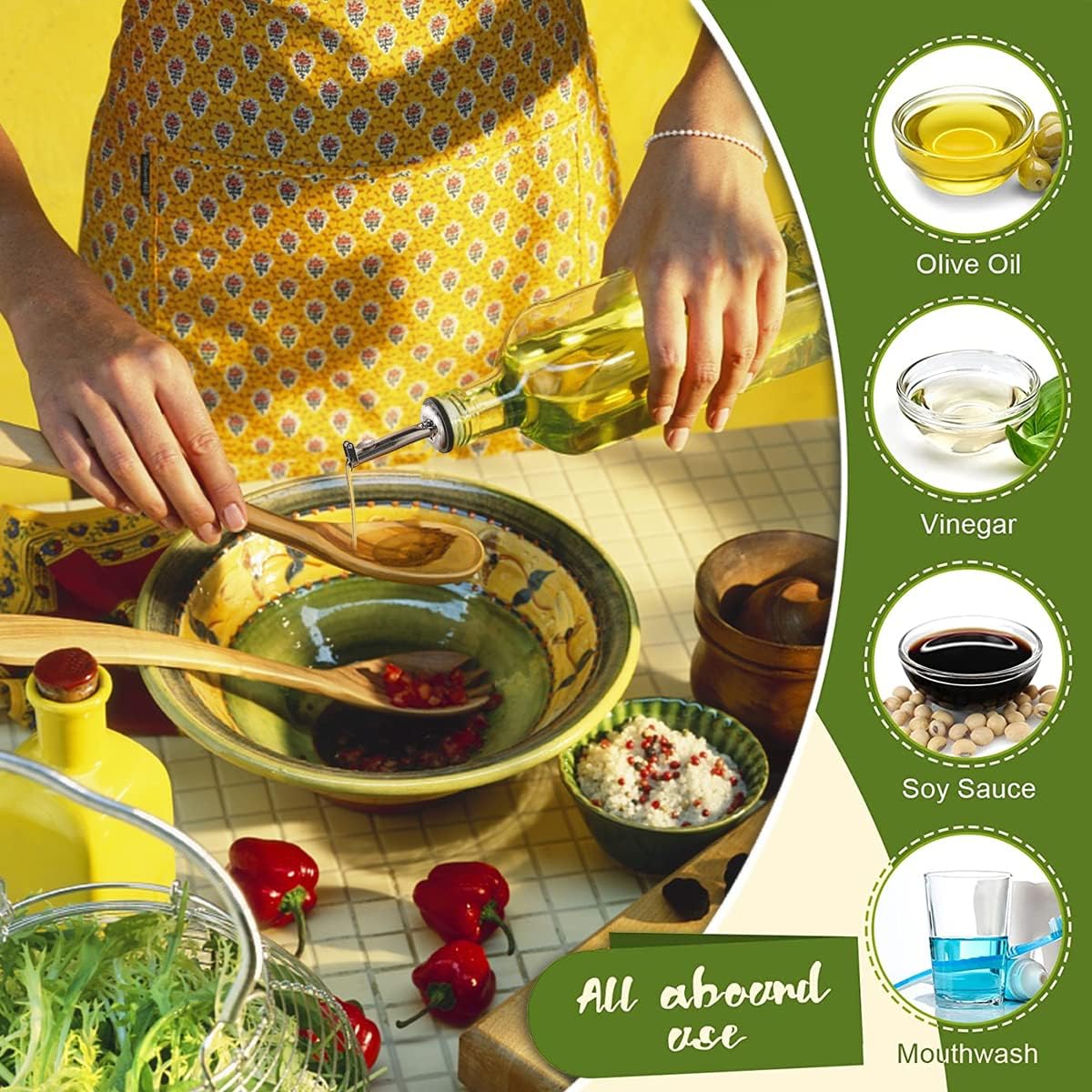 Showvigor Olive Oil Dispenser, 17oz/500ml Square Tall Glass Container With 2 Stainless Steel Pourers, 2 Labels, 1 Brush and 1 Funnel for Kitchen